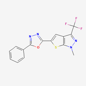 molecular formula C15H9F3N4OS B2967563 1-methyl-5-(5-phenyl-1,3,4-oxadiazol-2-yl)-3-(trifluoromethyl)-1H-thieno[2,3-c]pyrazole CAS No. 400082-47-5