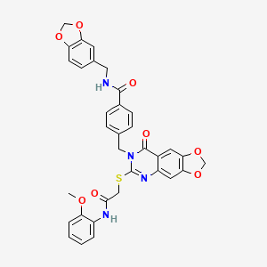 molecular formula C34H28N4O8S B2967636 N-(1,3-benzodioxol-5-ylmethyl)-4-{[6-({2-[(2-methoxyphenyl)amino]-2-oxoethyl}thio)-8-oxo[1,3]dioxolo[4,5-g]quinazolin-7(8H)-yl]methyl}benzamide CAS No. 688062-07-9