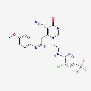 molecular formula C22H18ClF3N6O2 B2967639 1-[2-[[3-Chloro-5-(trifluoromethyl)pyridin-2-yl]amino]ethyl]-6-[2-(4-methoxyphenyl)iminoethyl]-4-oxopyrimidine-5-carbonitrile CAS No. 303148-40-5