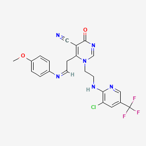 molecular formula C22H18ClF3N6O2 B2967639 1-[2-[[3-氯-5-(三氟甲基)吡啶-2-基]氨基]乙基]-6-[2-(4-甲氧苯基)亚氨基乙基]-4-氧代嘧啶-5-腈 CAS No. 303148-40-5