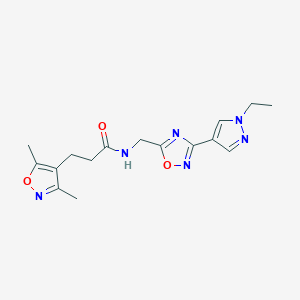 molecular formula C16H20N6O3 B2967766 3-(3,5-dimethylisoxazol-4-yl)-N-((3-(1-ethyl-1H-pyrazol-4-yl)-1,2,4-oxadiazol-5-yl)methyl)propanamide CAS No. 2034228-55-0