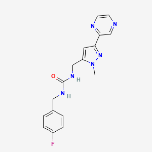 molecular formula C17H17FN6O B2967866 1-(4-fluorobenzyl)-3-((1-methyl-3-(pyrazin-2-yl)-1H-pyrazol-5-yl)methyl)urea CAS No. 2034508-96-6