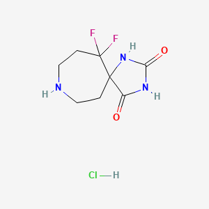 molecular formula C8H12ClF2N3O2 B2967893 6,6-二氟-1,3,9-三氮杂螺[4.6]十一烷-2,4-二酮；盐酸盐 CAS No. 2445784-15-4