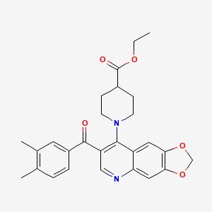 molecular formula C27H28N2O5 B2967907 Ethyl 1-(7-(3,4-dimethylbenzoyl)-[1,3]dioxolo[4,5-g]quinolin-8-yl)piperidine-4-carboxylate CAS No. 1251623-80-9