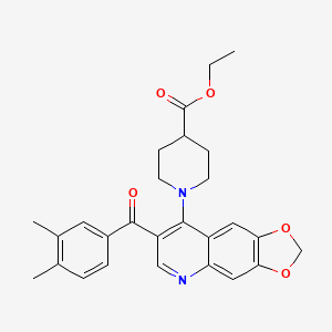 molecular formula C27H28N2O5 B2967907 1-(7-(3,4-二甲基苯甲酰)-[1,3]二氧杂环[4,5-g]喹啉-8-基)哌啶-4-羧酸乙酯 CAS No. 1251623-80-9