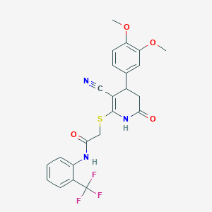 molecular formula C23H20F3N3O4S B2967909 2-{[3-氰基-4-(3,4-二甲氧基苯基)-6-氧代-1,4,5,6-四氢吡啶-2-基]硫代}-N-[2-(三氟甲基)苯基]乙酰胺 CAS No. 865591-90-8