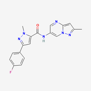 molecular formula C18H15FN6O B2967938 3-(4-fluorophenyl)-1-methyl-N-(2-methylpyrazolo[1,5-a]pyrimidin-6-yl)-1H-pyrazole-5-carboxamide CAS No. 1797978-47-2