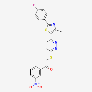 molecular formula C22H15FN4O3S2 B2967957 2-((6-(2-(4-Fluorophenyl)-4-methylthiazol-5-yl)pyridazin-3-yl)thio)-1-(3-nitrophenyl)ethanone CAS No. 923680-65-3
