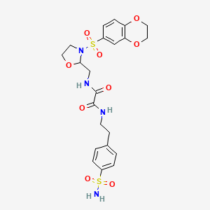 molecular formula C22H26N4O9S2 B2967984 N1-((3-((2,3-dihydrobenzo[b][1,4]dioxin-6-yl)sulfonyl)oxazolidin-2-yl)methyl)-N2-(4-sulfamoylphenethyl)oxalamide CAS No. 868982-44-9