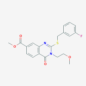 molecular formula C20H19FN2O4S B2968136 Methyl 2-[(3-fluorobenzyl)thio]-3-(2-methoxyethyl)-4-oxo-3,4-dihydroquinazoline-7-carboxylate CAS No. 403728-89-2