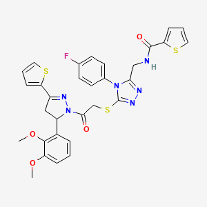 molecular formula C31H27FN6O4S3 B2968137 N-[[5-[2-[3-(2,3-dimethoxyphenyl)-5-thiophen-2-yl-3,4-dihydropyrazol-2-yl]-2-oxoethyl]sulfanyl-4-(4-fluorophenyl)-1,2,4-triazol-3-yl]methyl]thiophene-2-carboxamide CAS No. 362507-96-8