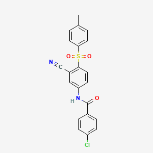 molecular formula C21H15ClN2O3S B2968169 4-chloro-N-{3-cyano-4-[(4-methylphenyl)sulfonyl]phenyl}benzenecarboxamide CAS No. 320421-31-6