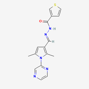 molecular formula C16H15N5OS B2968202 N'-{(E)-[2,5-二甲基-1-(2-吡嗪基)-1H-吡咯-3-基]甲亚基}-3-噻吩甲酰肼 CAS No. 866009-59-8