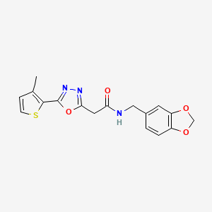 molecular formula C17H15N3O4S B2968207 N-(benzo[d][1,3]dioxol-5-ylmethyl)-2-(5-(3-methylthiophen-2-yl)-1,3,4-oxadiazol-2-yl)acetamide CAS No. 1286707-09-2
