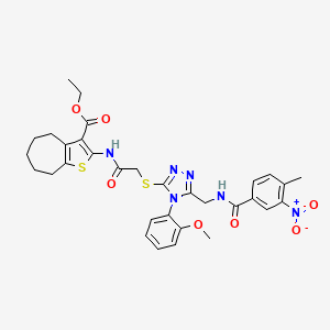 molecular formula C32H34N6O7S2 B2968222 ethyl 2-(2-((4-(2-methoxyphenyl)-5-((4-methyl-3-nitrobenzamido)methyl)-4H-1,2,4-triazol-3-yl)thio)acetamido)-5,6,7,8-tetrahydro-4H-cyclohepta[b]thiophene-3-carboxylate CAS No. 393850-00-5