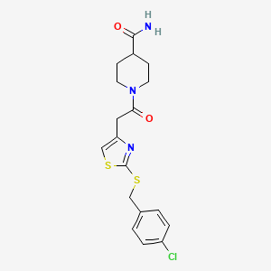molecular formula C18H20ClN3O2S2 B2968232 1-(2-(2-((4-Chlorobenzyl)thio)thiazol-4-yl)acetyl)piperidine-4-carboxamide CAS No. 941923-03-1