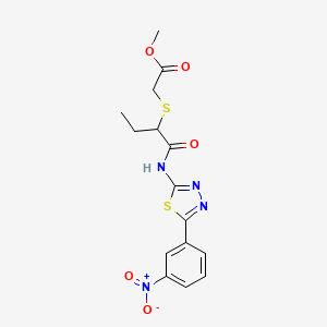molecular formula C15H16N4O5S2 B2968269 Methyl 2-((1-((5-(3-nitrophenyl)-1,3,4-thiadiazol-2-yl)amino)-1-oxobutan-2-yl)thio)acetate CAS No. 394239-29-3