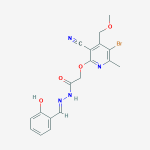molecular formula C18H17BrN4O4 B2968272 (E)-2-((5-bromo-3-cyano-4-(methoxymethyl)-6-methylpyridin-2-yl)oxy)-N'-(2-hydroxybenzylidene)acetohydrazide CAS No. 328245-58-5