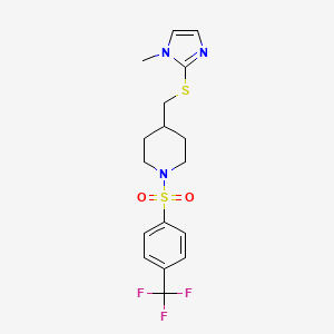 molecular formula C17H20F3N3O2S2 B2968274 4-(((1-甲基-1H-咪唑-2-基)硫代)甲基)-1-((4-(三氟甲基)苯基)磺酰基)哌啶 CAS No. 1428371-18-9