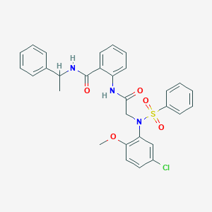 2-({[5-chloro-2-methoxy(phenylsulfonyl)anilino]acetyl}amino)-N-(1-phenylethyl)benzamide