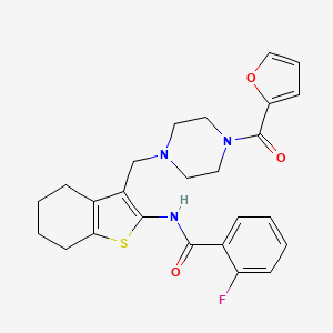 molecular formula C25H26FN3O3S B2968387 2-Fluoro-N-(3-{[4-(furan-2-carbonyl)piperazin-1-YL]methyl}-4,5,6,7-tetrahydro-1-benzothiophen-2-YL)benzamide CAS No. 671201-01-7