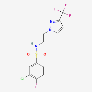 molecular formula C12H10ClF4N3O2S B2968436 3-chloro-4-fluoro-N-(2-(3-(trifluoromethyl)-1H-pyrazol-1-yl)ethyl)benzenesulfonamide CAS No. 1448058-84-1