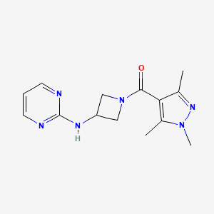 molecular formula C14H18N6O B2968441 (3-(pyrimidin-2-ylamino)azetidin-1-yl)(1,3,5-trimethyl-1H-pyrazol-4-yl)methanone CAS No. 2034607-07-1