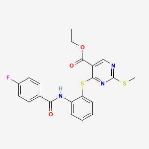 molecular formula C21H18FN3O3S2 B2968466 Ethyl 4-({2-[(4-fluorobenzoyl)amino]phenyl}sulfanyl)-2-(methylsulfanyl)-5-pyrimidinecarboxylate CAS No. 478079-36-6