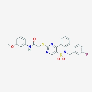 molecular formula C26H21FN4O4S2 B2968516 2-{[6-(3-fluorobenzyl)-5,5-dioxido-6H-pyrimido[5,4-c][2,1]benzothiazin-2-yl]thio}-N-(3-methoxyphenyl)acetamide CAS No. 895099-02-2