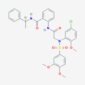 molecular formula C32H32ClN3O7S B296858 2-[({5-chloro[(3,4-dimethoxyphenyl)sulfonyl]-2-methoxyanilino}acetyl)amino]-N-(1-phenylethyl)benzamide 