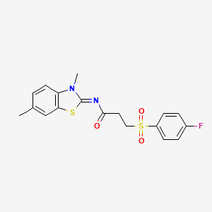 molecular formula C18H17FN2O3S2 B2968609 (E)-N-(3,6-dimethylbenzo[d]thiazol-2(3H)-ylidene)-3-((4-fluorophenyl)sulfonyl)propanamide CAS No. 895471-58-6