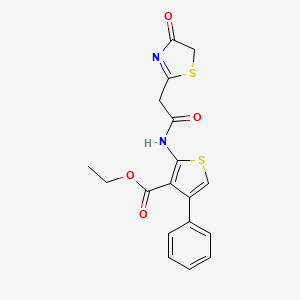 molecular formula C18H16N2O4S2 B2968646 Ethyl 2-(2-(4-oxo-4,5-dihydrothiazol-2-yl)acetamido)-4-phenylthiophene-3-carboxylate CAS No. 1049120-43-5