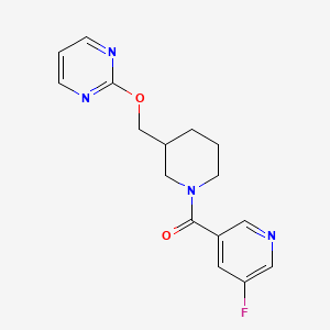 molecular formula C16H17FN4O2 B2968695 (5-Fluoropyridin-3-yl)-[3-(pyrimidin-2-yloxymethyl)piperidin-1-yl]methanone CAS No. 2380008-98-8