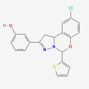 molecular formula C20H15ClN2O2S B2968738 3-(9-chloro-5-(thiophen-2-yl)-5,10b-dihydro-1H-benzo[e]pyrazolo[1,5-c][1,3]oxazin-2-yl)phenol CAS No. 941941-95-3
