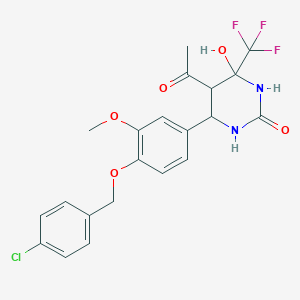 molecular formula C21H20ClF3N2O5 B2968814 5-acetyl-6-(4-((4-chlorobenzyl)oxy)-3-methoxyphenyl)-4-hydroxy-4-(trifluoromethyl)tetrahydropyrimidin-2(1H)-one CAS No. 1005264-60-7