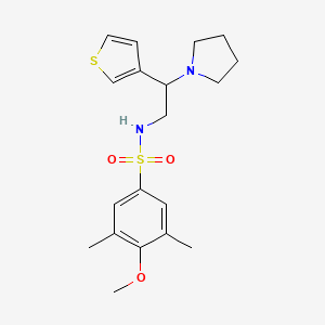 molecular formula C19H26N2O3S2 B2968842 4-methoxy-3,5-dimethyl-N-(2-(pyrrolidin-1-yl)-2-(thiophen-3-yl)ethyl)benzenesulfonamide CAS No. 946357-04-6