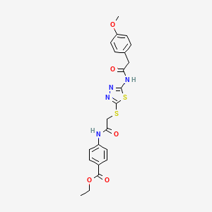 molecular formula C22H22N4O5S2 B2968857 Ethyl 4-(2-((5-(2-(4-methoxyphenyl)acetamido)-1,3,4-thiadiazol-2-yl)thio)acetamido)benzoate CAS No. 392293-04-8