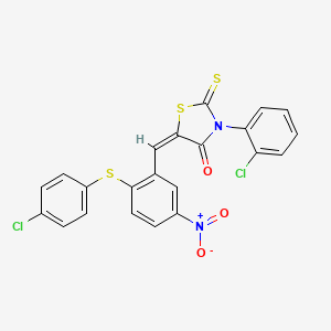 molecular formula C22H12Cl2N2O3S3 B2968867 (5E)-3-(2-氯苯基)-5-[[2-(4-氯苯基)硫代-5-硝基苯基]亚甲基]-2-硫代亚甲基-1,3-噻唑烷-4-酮 CAS No. 882073-17-8