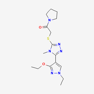 molecular formula C16H24N6O2S B2968882 2-((5-(3-ethoxy-1-ethyl-1H-pyrazol-4-yl)-4-methyl-4H-1,2,4-triazol-3-yl)thio)-1-(pyrrolidin-1-yl)ethanone CAS No. 1013776-94-7