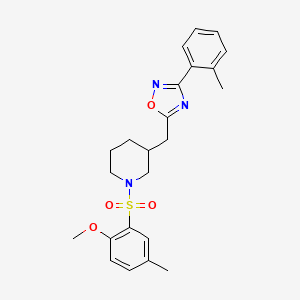 molecular formula C23H27N3O4S B2968896 5-((1-((2-Methoxy-5-methylphenyl)sulfonyl)piperidin-3-yl)methyl)-3-(o-tolyl)-1,2,4-oxadiazole CAS No. 1706319-52-9