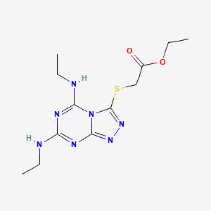 molecular formula C12H19N7O2S B2968917 Ethyl 2-((5,7-bis(ethylamino)-[1,2,4]triazolo[4,3-a][1,3,5]triazin-3-yl)thio)acetate CAS No. 397266-64-7