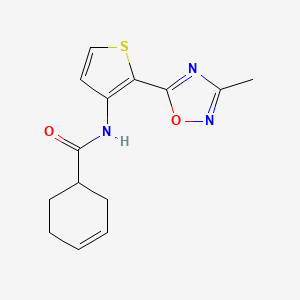 molecular formula C14H15N3O2S B2968930 N-[2-(3-methyl-1,2,4-oxadiazol-5-yl)thiophen-3-yl]cyclohex-3-ene-1-carboxamide CAS No. 1797602-31-3