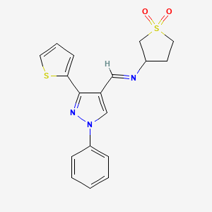 molecular formula C18H17N3O2S2 B2968933 (E)-3-(((1-phenyl-3-(thiophen-2-yl)-1H-pyrazol-4-yl)methylene)amino)tetrahydrothiophene 1,1-dioxide CAS No. 313273-15-3