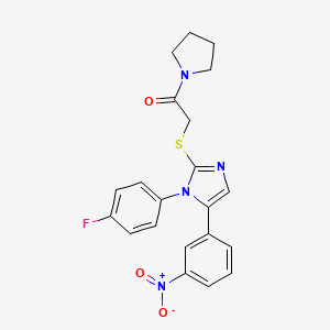 molecular formula C21H19FN4O3S B2968948 2-((1-(4-氟苯基)-5-(3-硝基苯基)-1H-咪唑-2-基)硫代)-1-(吡咯烷-1-基)乙酮 CAS No. 1234979-91-9