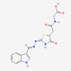 molecular formula C16H15N5O4S B2969026 2-(2-((E)-2-((E)-((1H-indol-3-yl)methylene)hydrazono)-4-oxothiazolidin-5-yl)acetamido)acetic acid CAS No. 638136-64-8