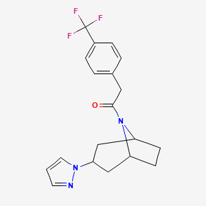 molecular formula C19H20F3N3O B2969098 1-((1R,5S)-3-(1H-pyrazol-1-yl)-8-azabicyclo[3.2.1]octan-8-yl)-2-(4-(trifluoromethyl)phenyl)ethan-1-one CAS No. 2320379-54-0