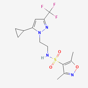 molecular formula C14H17F3N4O3S B2969100 N-(2-(5-环丙基-3-(三氟甲基)-1H-吡唑-1-基)乙基)-3,5-二甲基异恶唑-4-磺酰胺 CAS No. 1796991-16-6