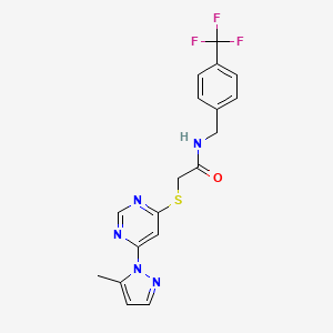 molecular formula C18H16F3N5OS B2969132 2-((6-(5-methyl-1H-pyrazol-1-yl)pyrimidin-4-yl)thio)-N-(4-(trifluoromethyl)benzyl)acetamide CAS No. 1251703-94-2