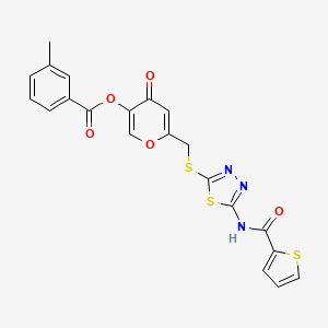 molecular formula C21H15N3O5S3 B2969182 4-氧代-6-(((5-(噻吩-2-羧胺基)-1,3,4-噻二唑-2-基)硫)甲基)-4H-吡喃-3-基-3-甲基苯甲酸酯 CAS No. 877642-47-2