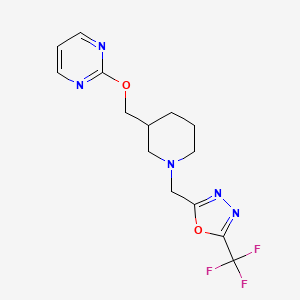 molecular formula C14H16F3N5O2 B2969191 2-[[3-(Pyrimidin-2-yloxymethyl)piperidin-1-yl]methyl]-5-(trifluoromethyl)-1,3,4-oxadiazole CAS No. 2379950-18-0